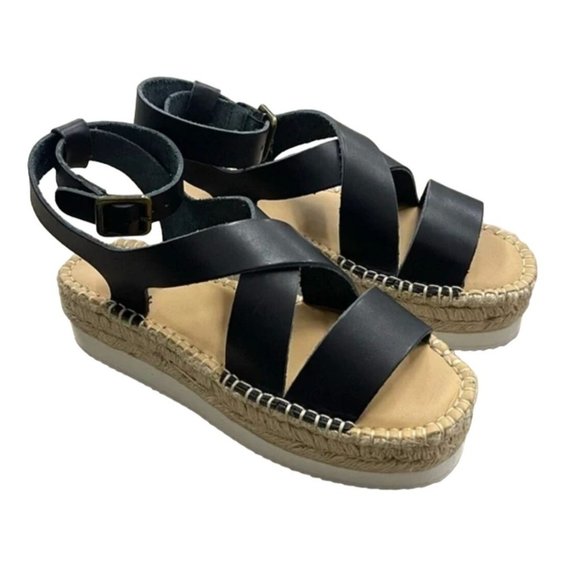 Soludos Olympia Espadrille Platform Leather Sandal In Black NIB - Picture 2 of 7